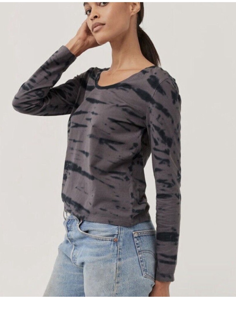 PACT Women's Granite Stripe Vintage Long Sleeve Tee, Gray/ Navy, Size L